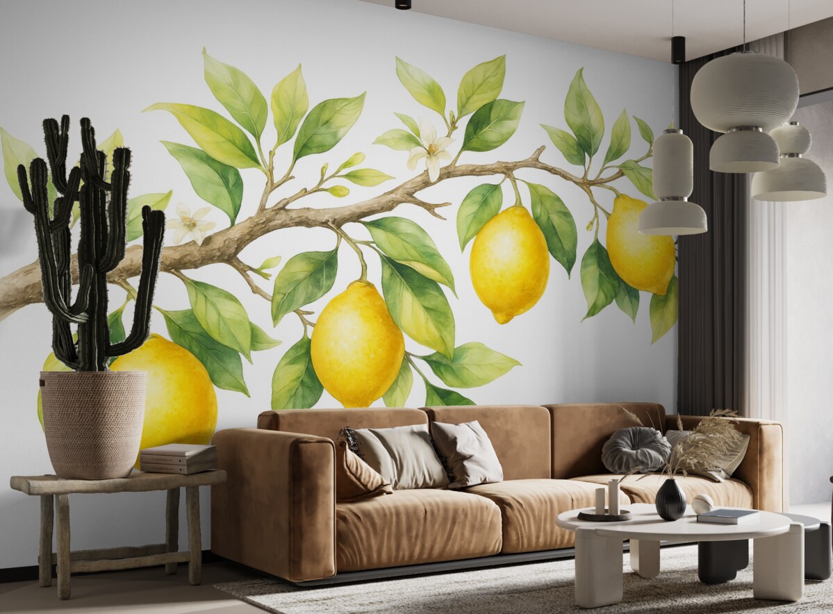 Fototapeta Gałązka akwarelowa z listkami cytryny i owocami.