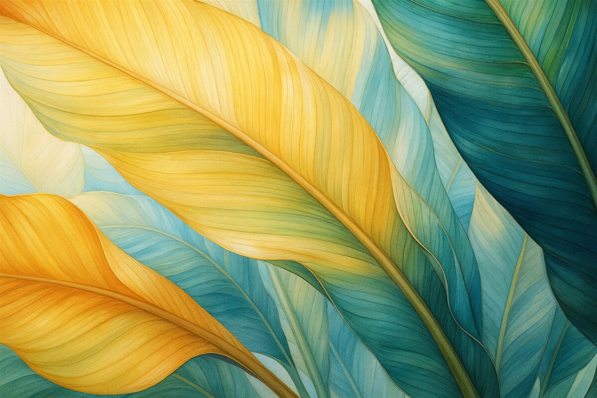 Fototapeta Akwarela zostawia duże, żółte, zielone i błękitne.