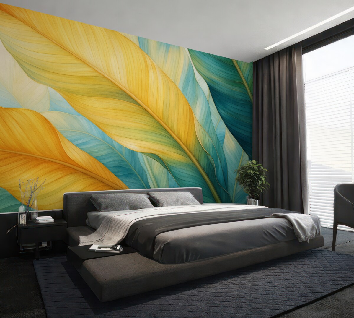 Fototapeta Akwarela zostawia duże, żółte, zielone i błękitne.