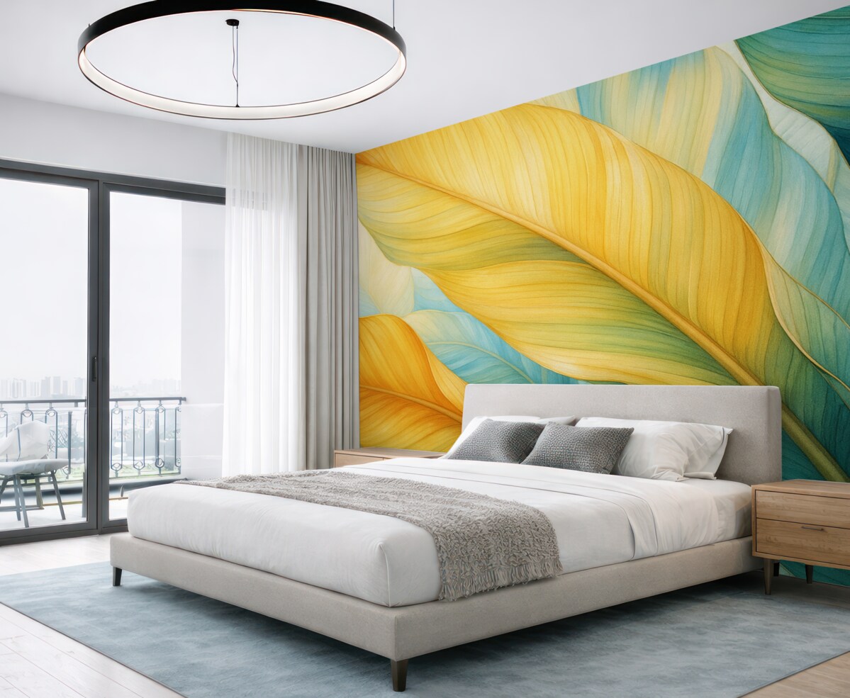 Fototapeta Akwarela zostawia duże, żółte, zielone i błękitne.