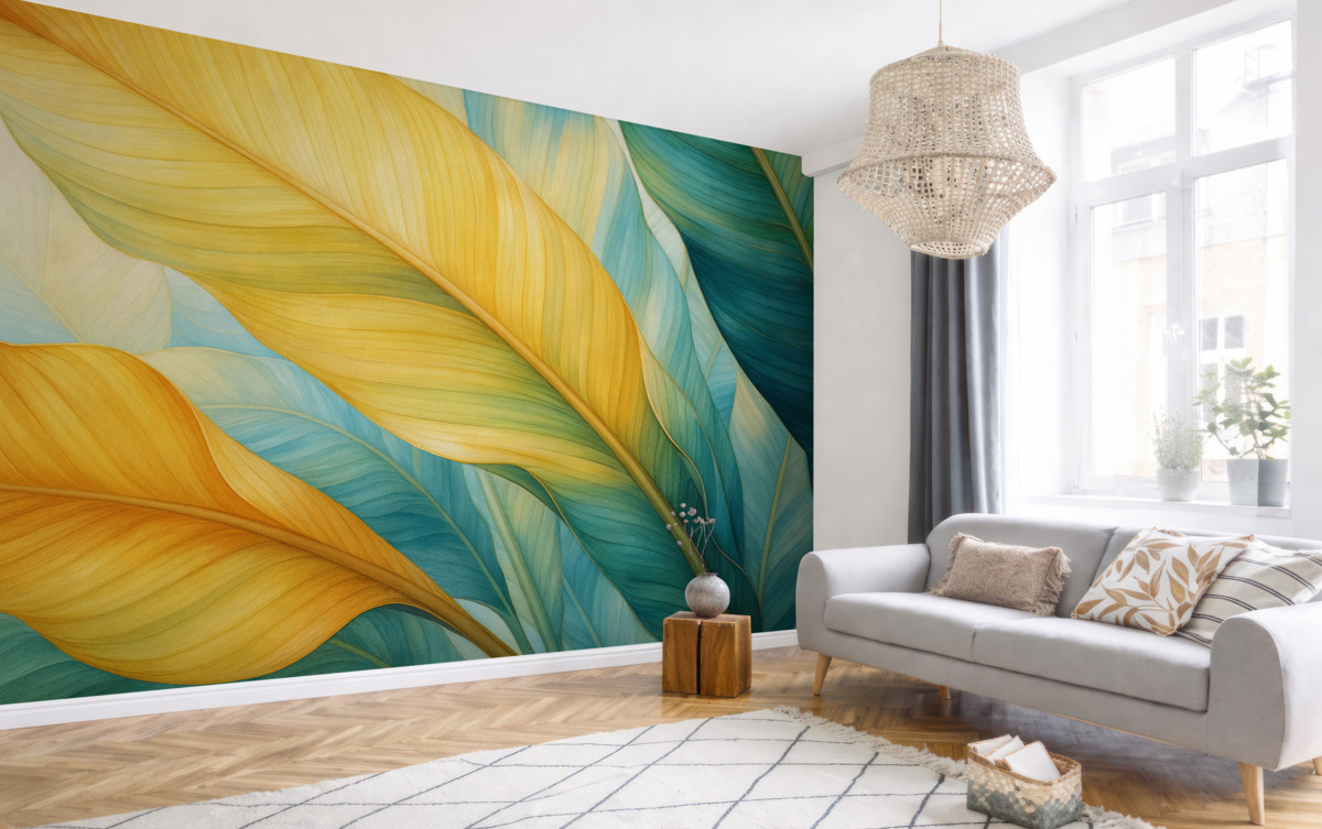 Fototapeta Akwarela zostawia duże, żółte, zielone i błękitne.