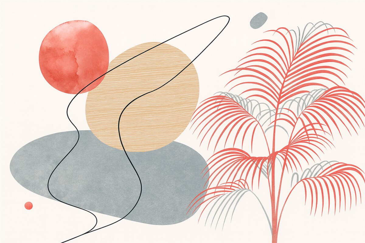 Fototapeta Geometryczne wzorzyste plamy, palma, kreski, barwa niebieska, czerwona, beżowa.