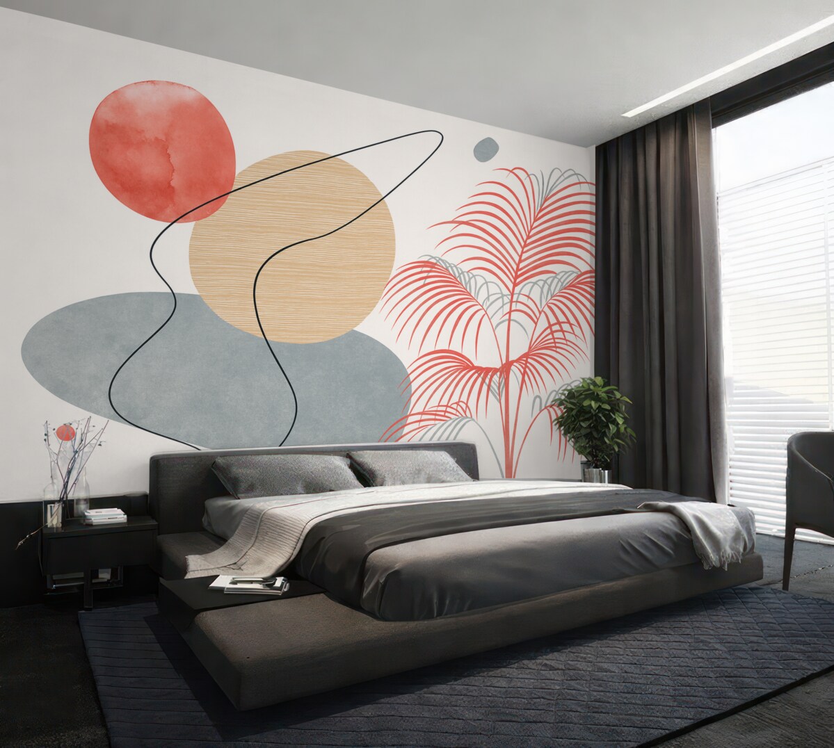 Fototapeta Geometryczne wzorzyste plamy, palma, kreski, barwa niebieska, czerwona, beżowa.