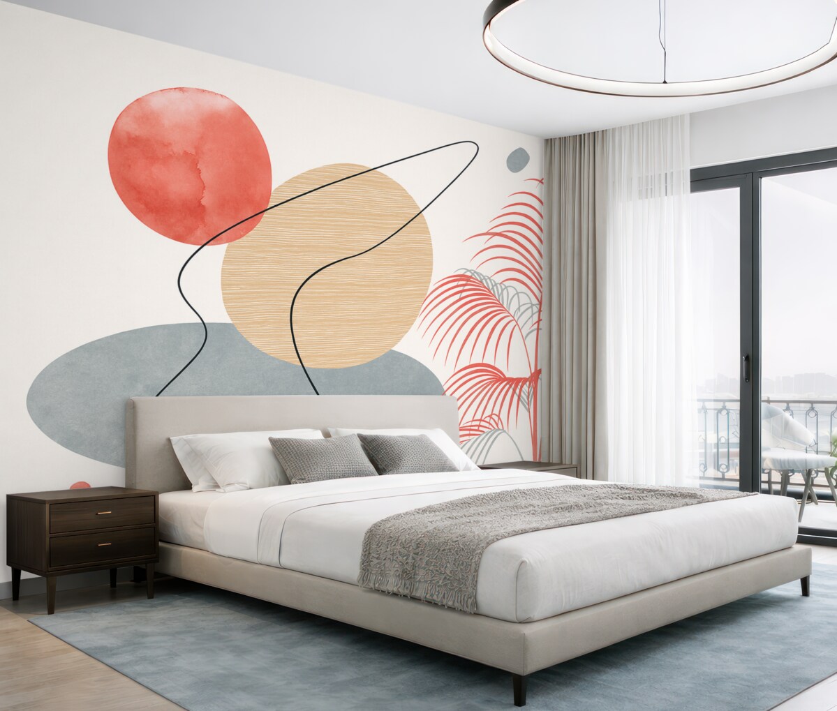 Fototapeta Geometryczne wzorzyste plamy, palma, kreski, barwa niebieska, czerwona, beżowa.