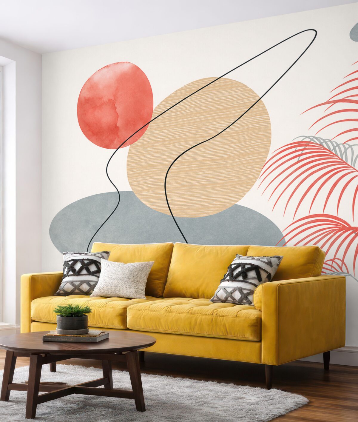 Fototapeta Geometryczne wzorzyste plamy, palma, kreski, barwa niebieska, czerwona, beżowa.