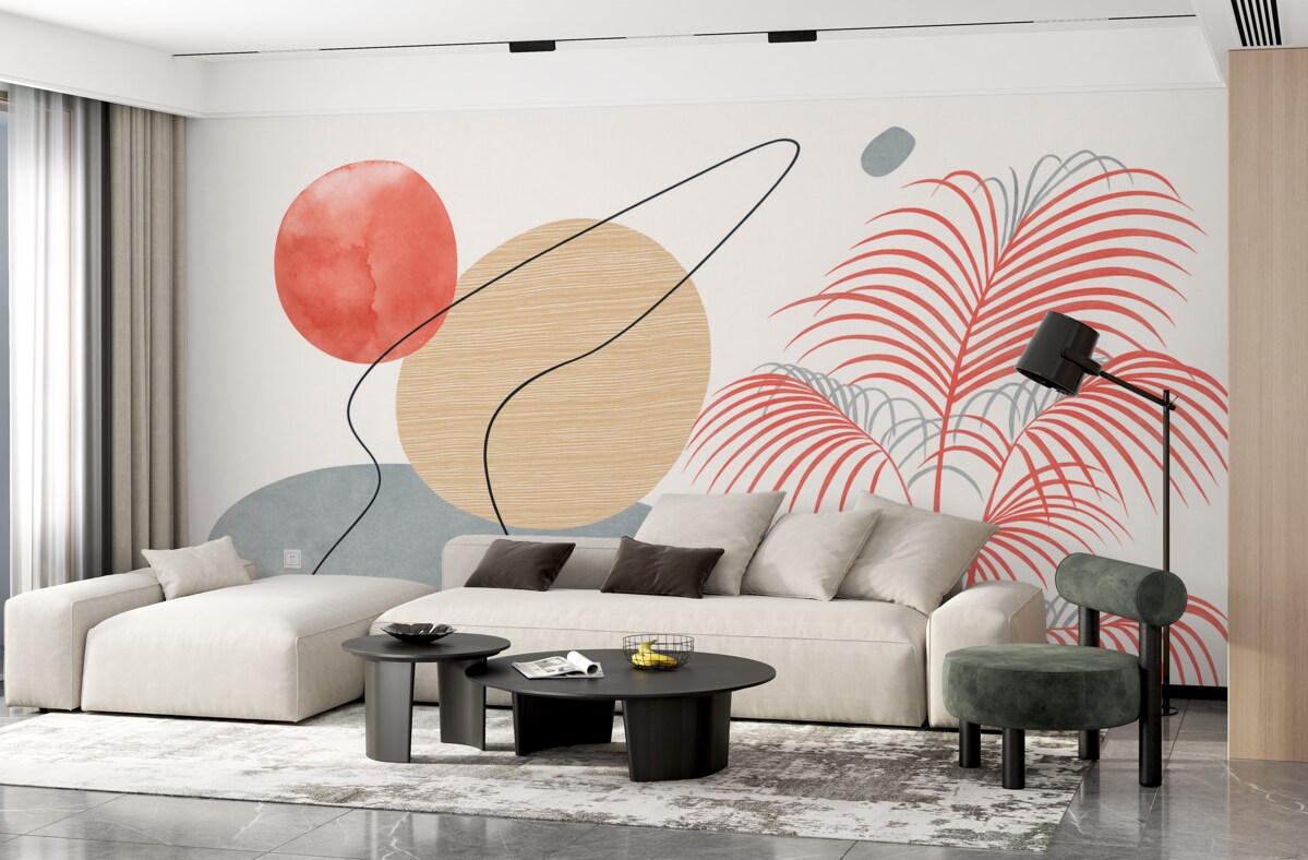 Fototapeta Geometryczne wzorzyste plamy, palma, kreski, barwa niebieska, czerwona, beżowa.