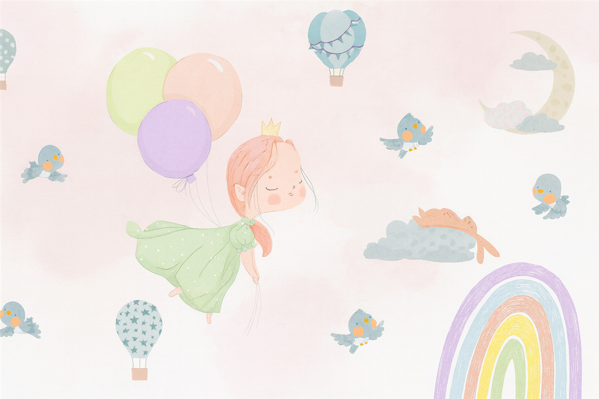 Fototapeta Dziewczyna, kolorowy łuk, balony oraz ptaki.