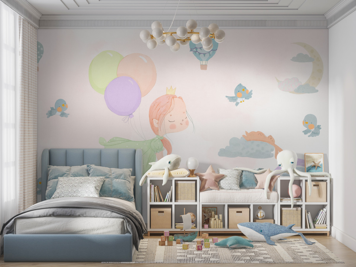 Fototapeta Dziewczyna, kolorowy łuk, balony oraz ptaki.