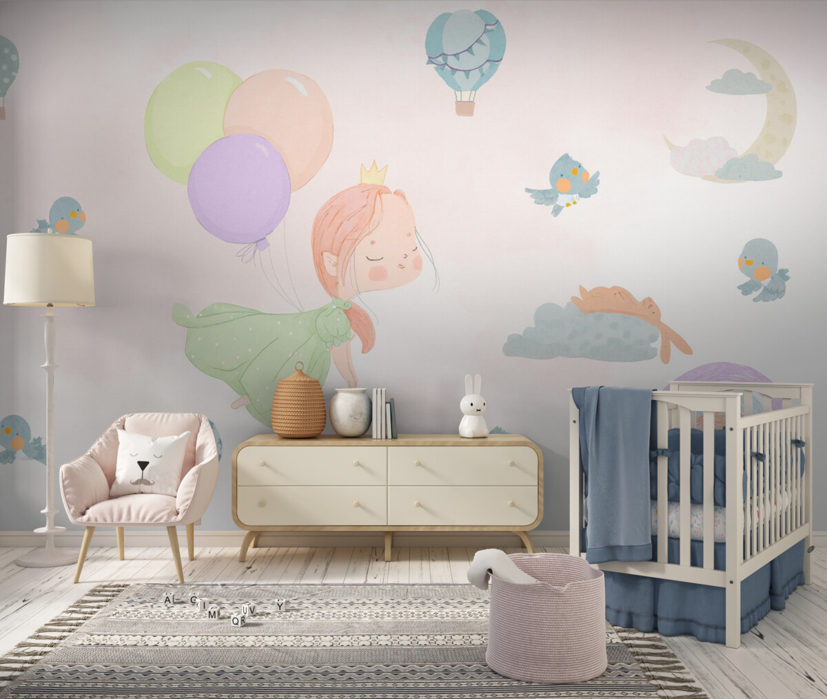 Fototapeta Dziewczyna, kolorowy łuk, balony oraz ptaki.