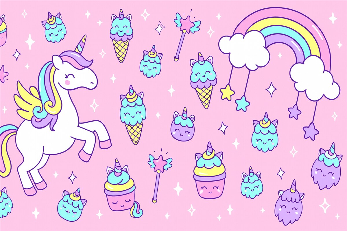 Fototapeta Jednorożec, tęcza na różowym tle.