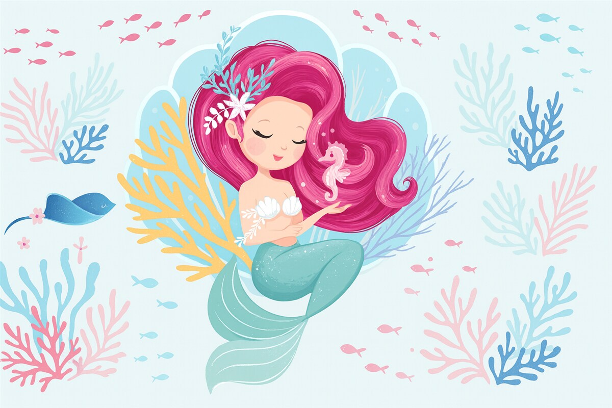 Fototapeta Syrenka o różowych włosach na niebieskim tle.