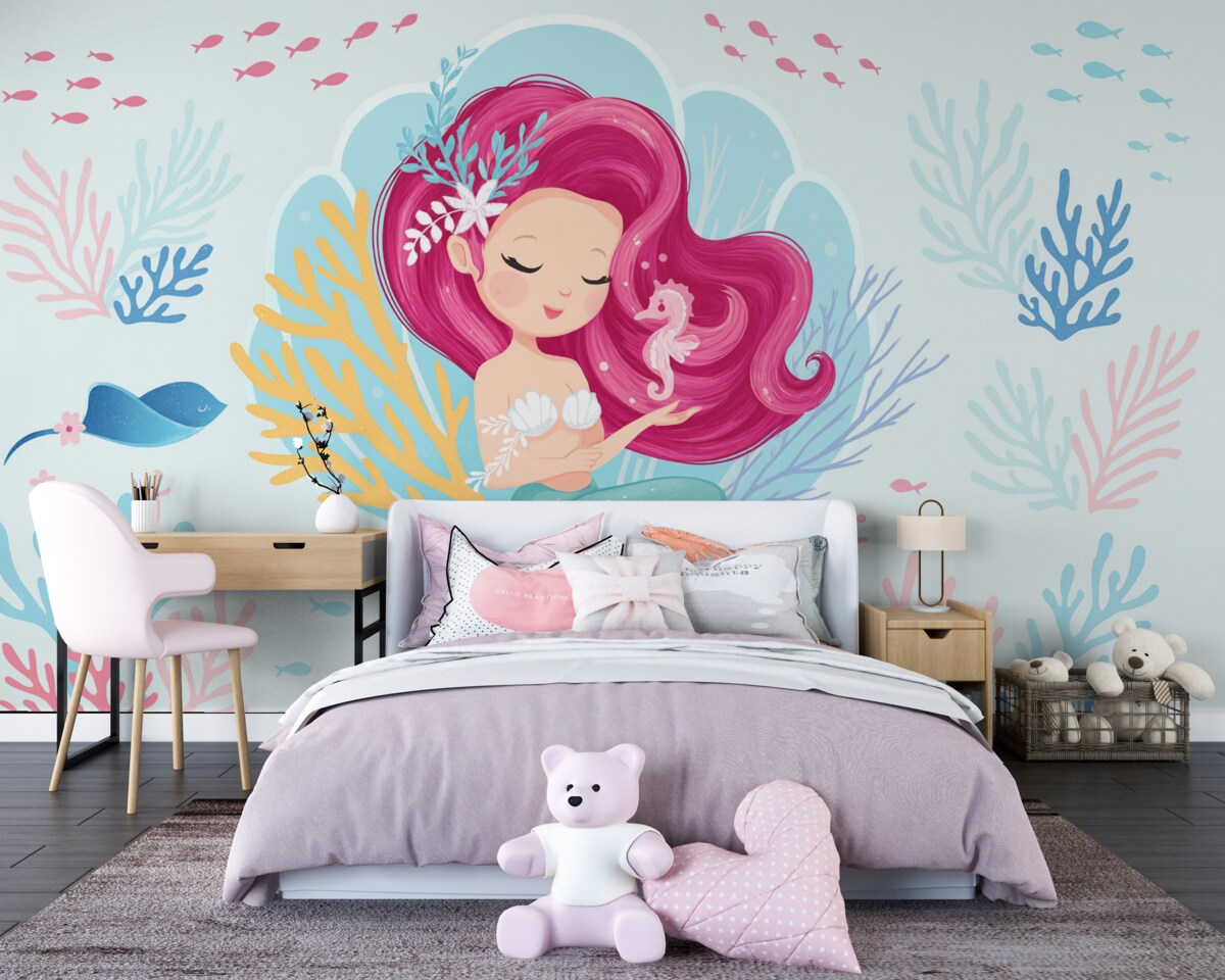 Fototapeta Syrenka o różowych włosach na niebieskim tle.