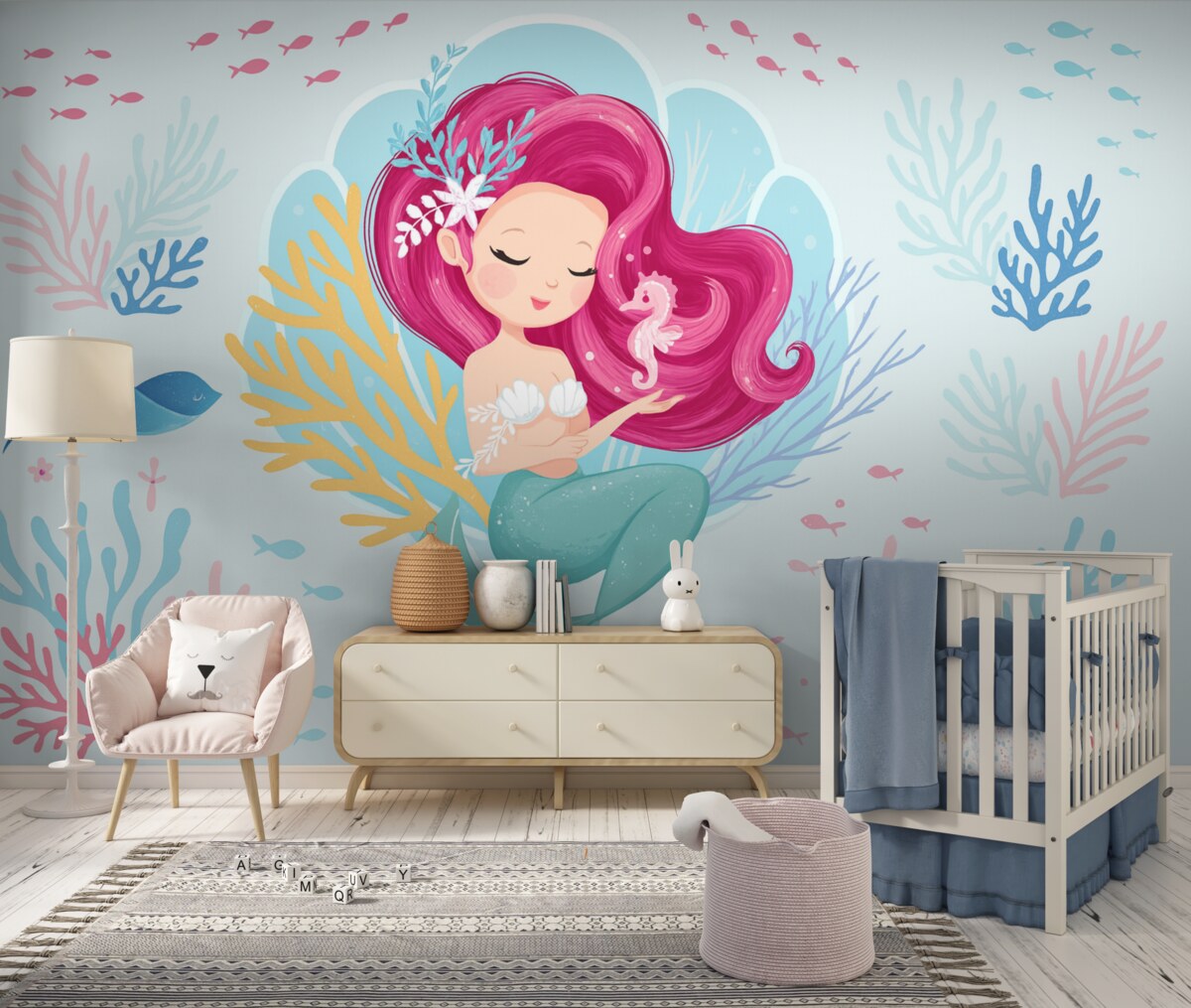 Fototapeta Syrenka o różowych włosach na niebieskim tle.