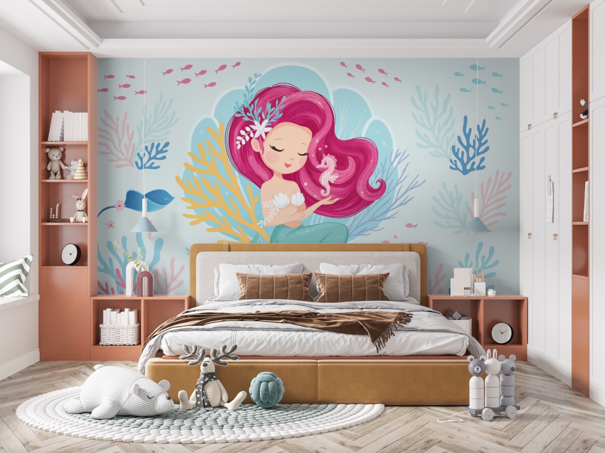 Fototapeta Syrenka o różowych włosach na niebieskim tle.