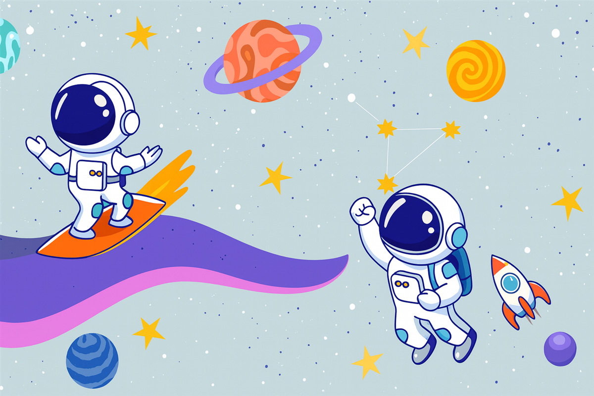 Fototapeta astronauci oraz planety na błękitnym tle