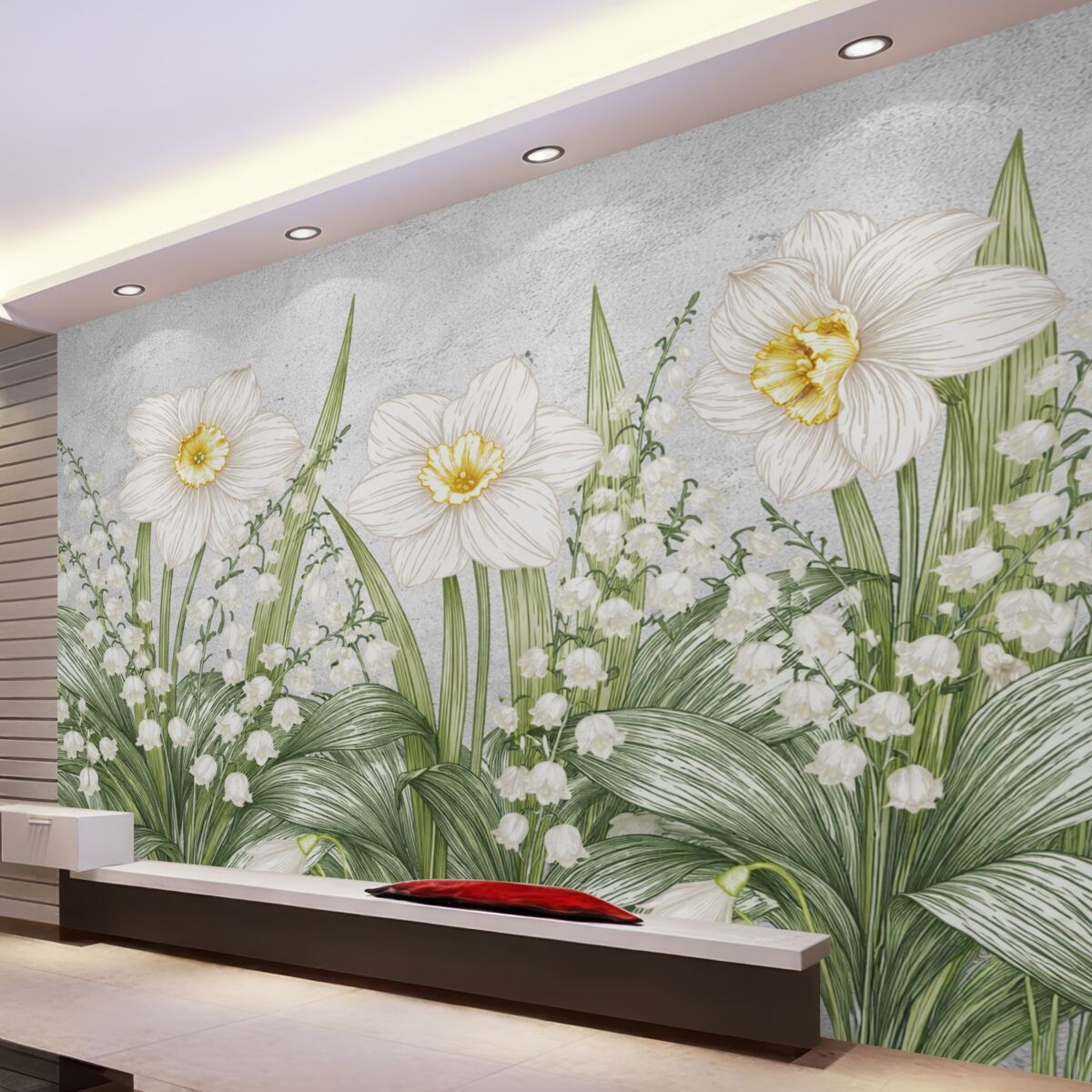 Fototapeta Konwalie oraz duże białe kwiatuszki na tle betonu.