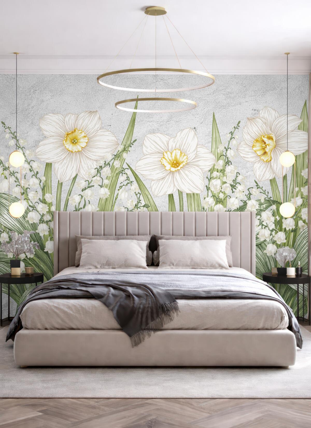 Fototapeta Konwalie oraz duże białe kwiatuszki na tle betonu.