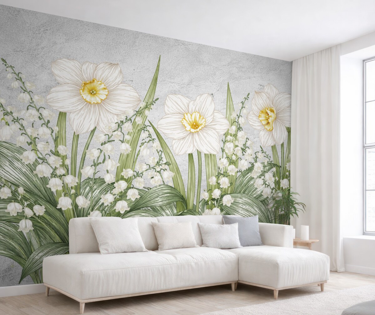 Fototapeta Konwalie oraz duże białe kwiatuszki na tle betonu.