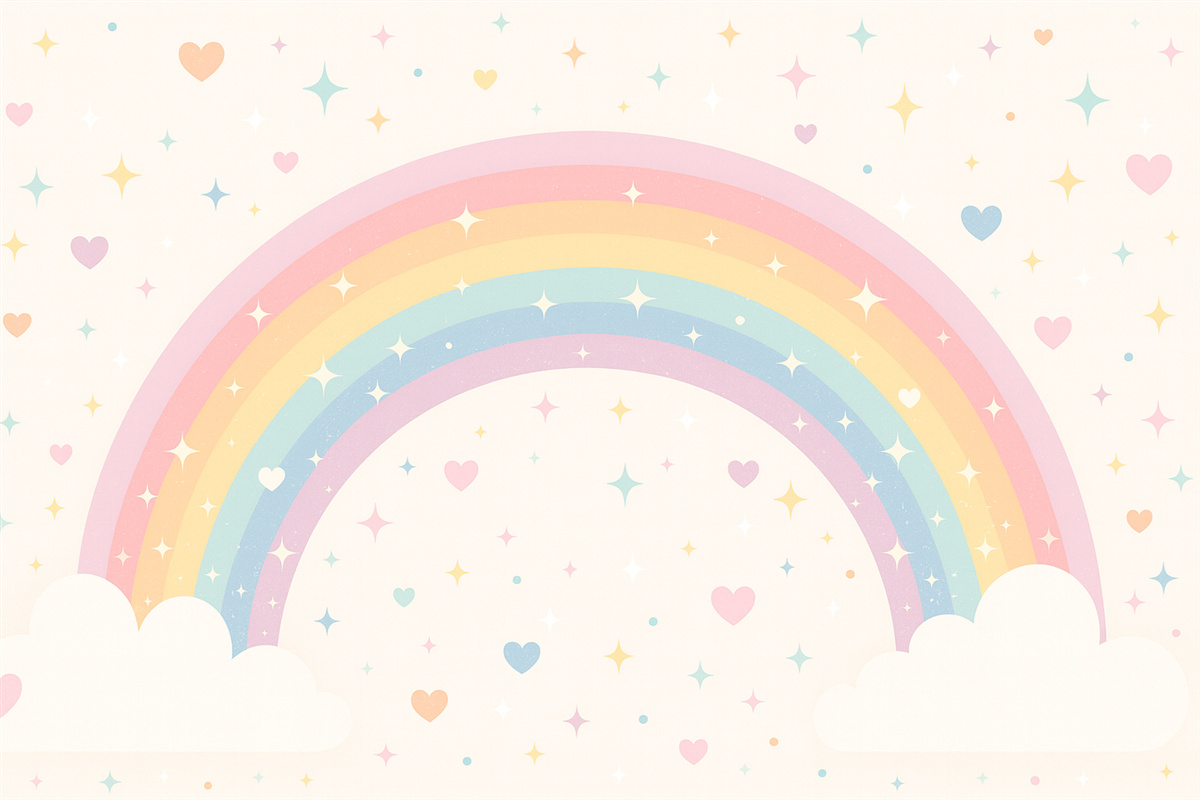 Fototapeta Kolorowa tęcza z gwiazdkami i serduszkami w skandynawskim stylu.