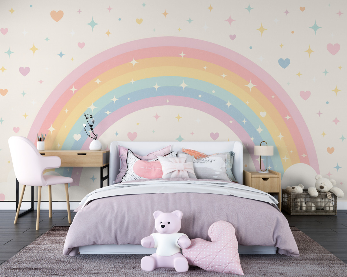 Fototapeta Kolorowa tęcza z gwiazdkami i serduszkami w skandynawskim stylu.