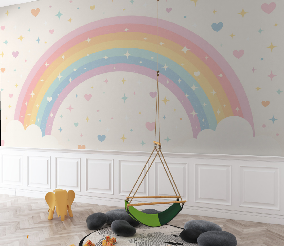 Fototapeta Kolorowa tęcza z gwiazdkami i serduszkami w skandynawskim stylu.