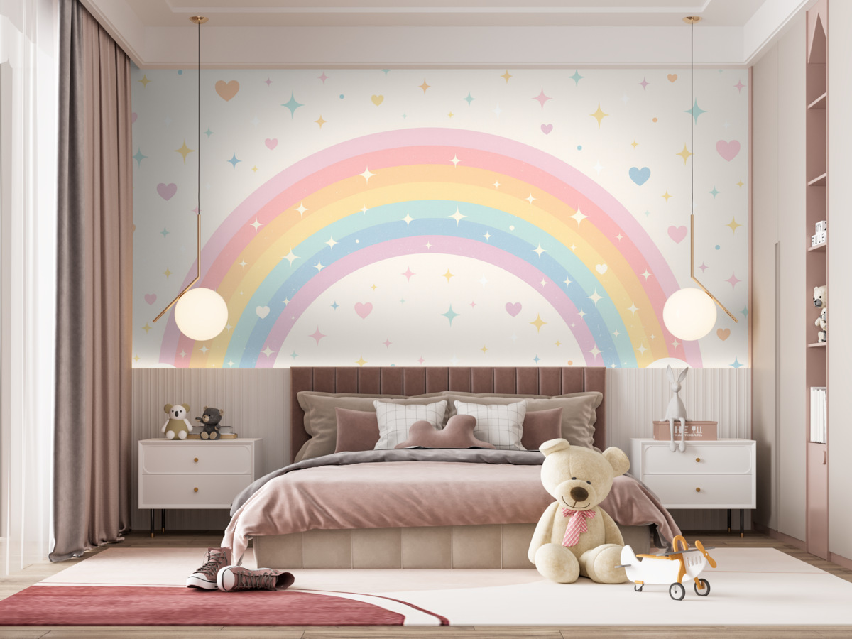 Fototapeta Kolorowa tęcza z gwiazdkami i serduszkami w skandynawskim stylu.