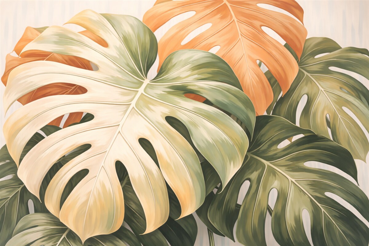 Fototapeta Z bliska Monstera Liście Obraz na płótnie w odcieniach zieleni i pomarańczu.