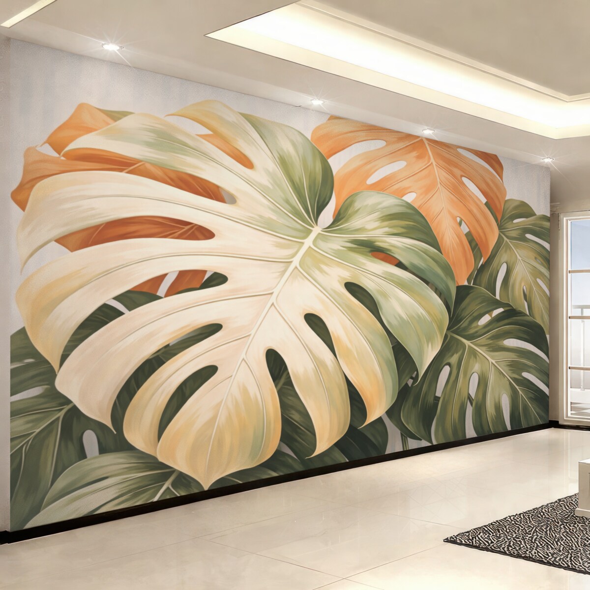 Fototapeta Z bliska Monstera Liście Obraz na płótnie w odcieniach zieleni i pomarańczu.