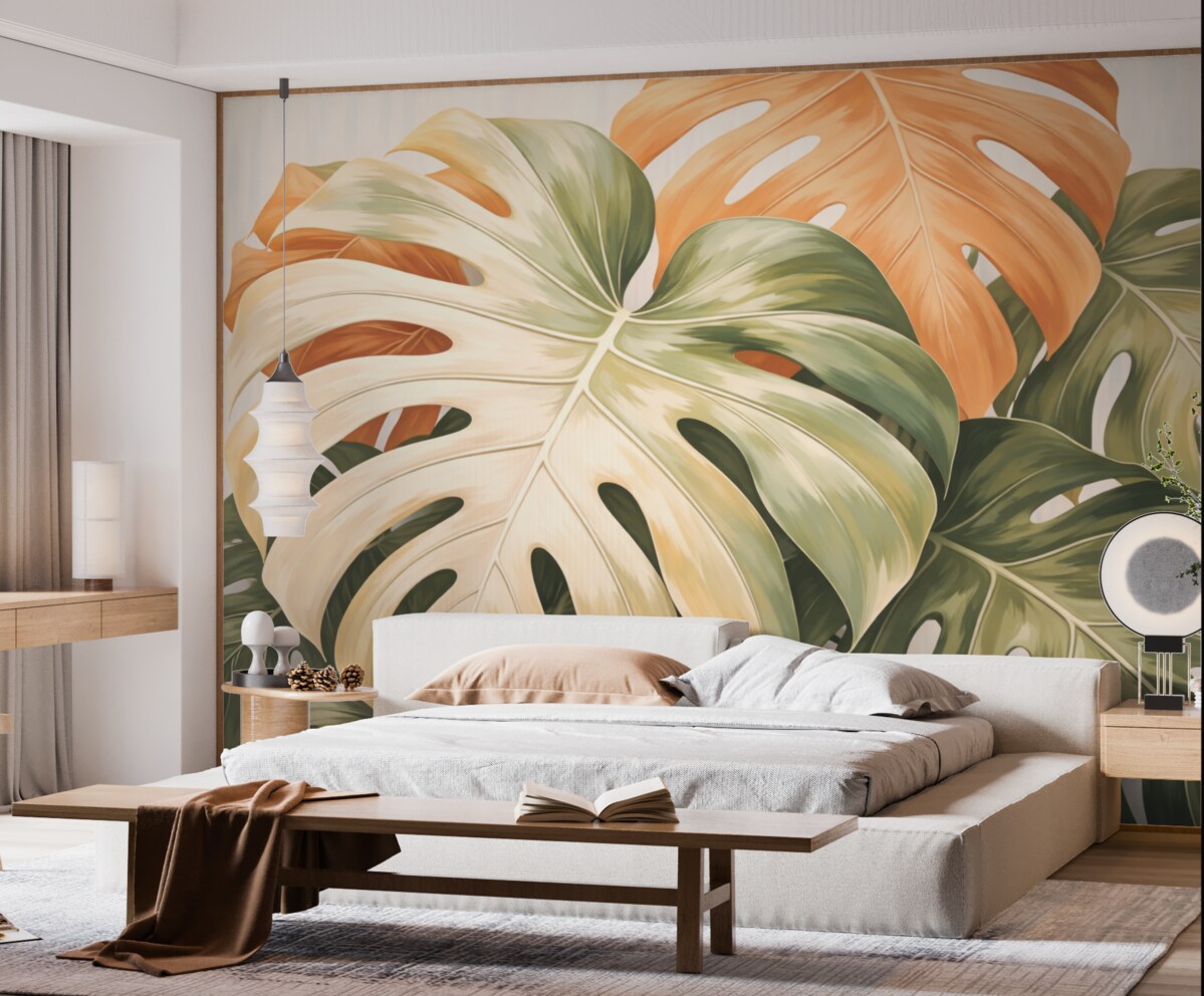 Fototapeta Z bliska Monstera Liście Obraz na płótnie w odcieniach zieleni i pomarańczu.