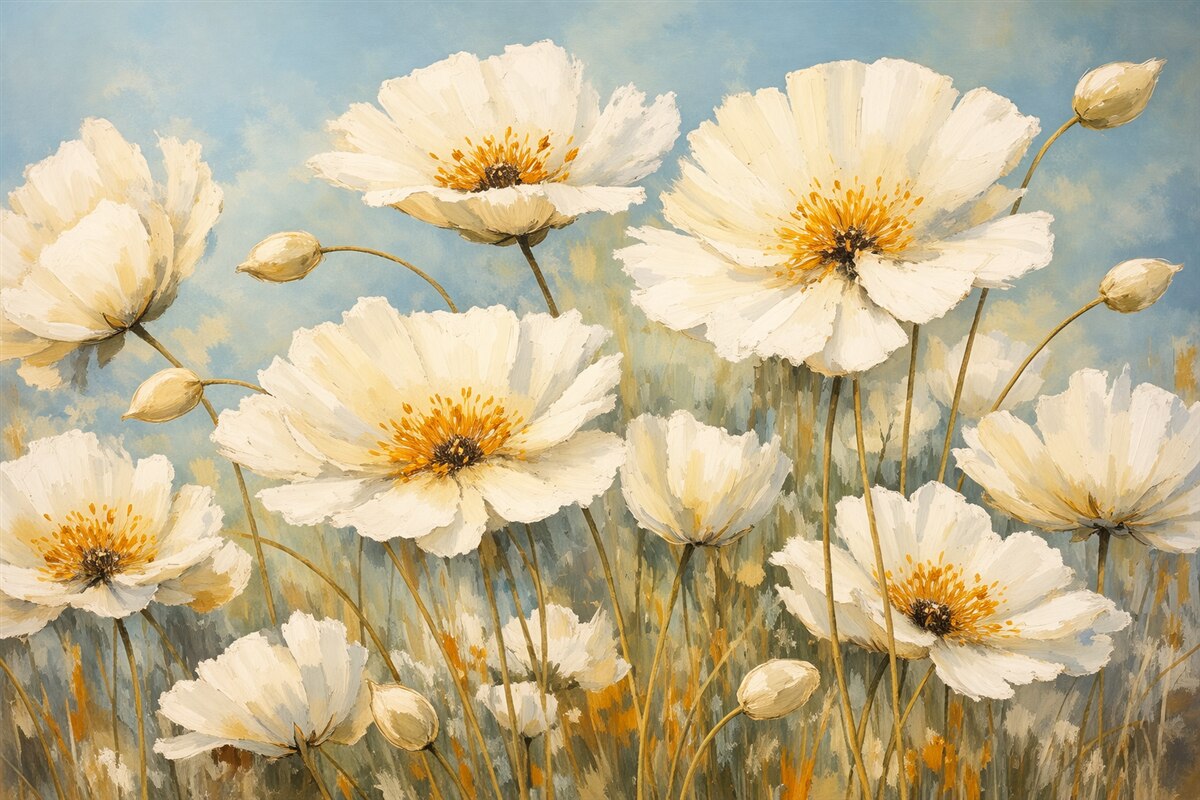 Fototapeta Vintage białe maki na niebieskim płótnie olejnym.