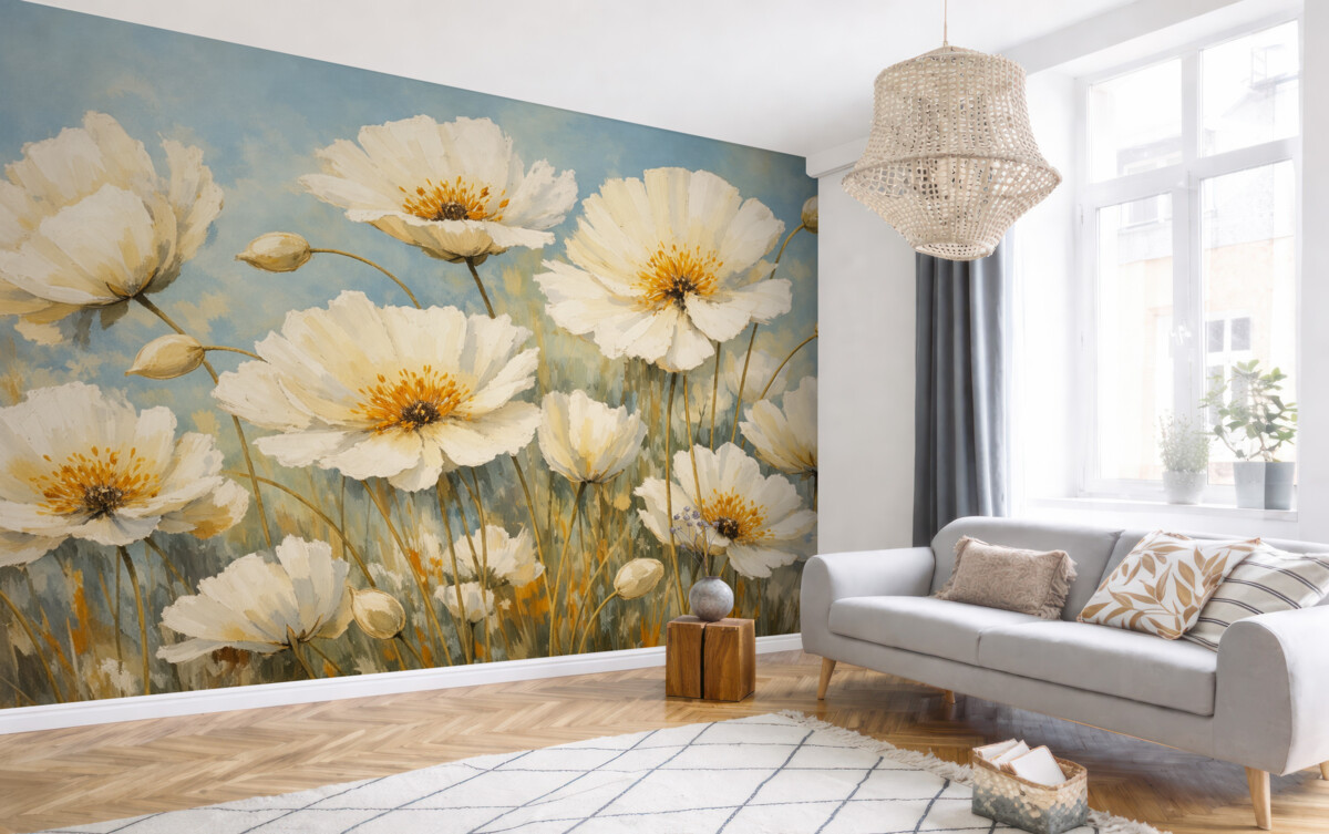 Fototapeta Vintage białe maki na niebieskim płótnie olejnym.