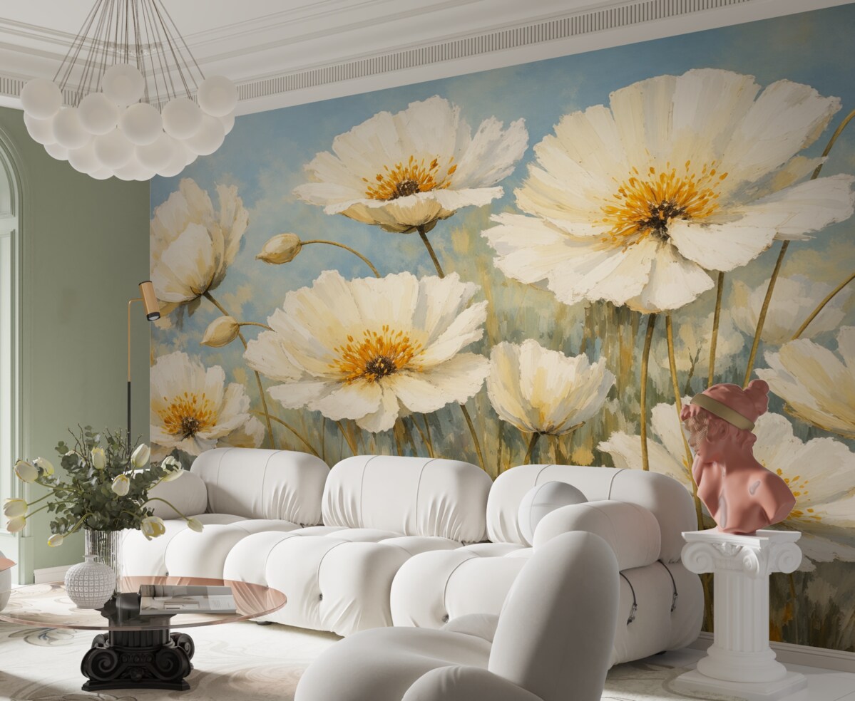 Fototapeta Vintage białe maki na niebieskim płótnie olejnym.