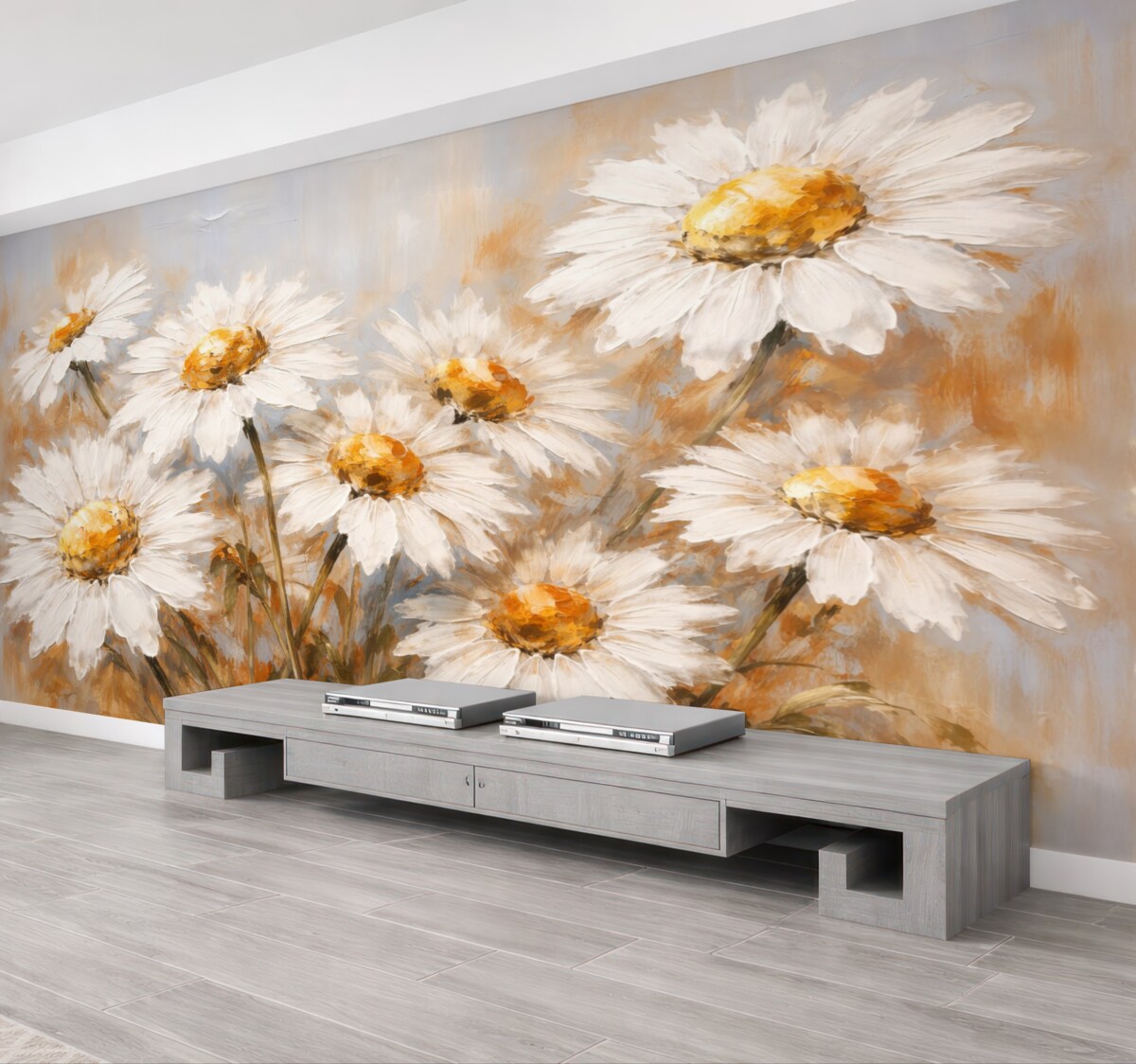 Fototapeta Obraz olejny z dużymi białymi margaretkami.