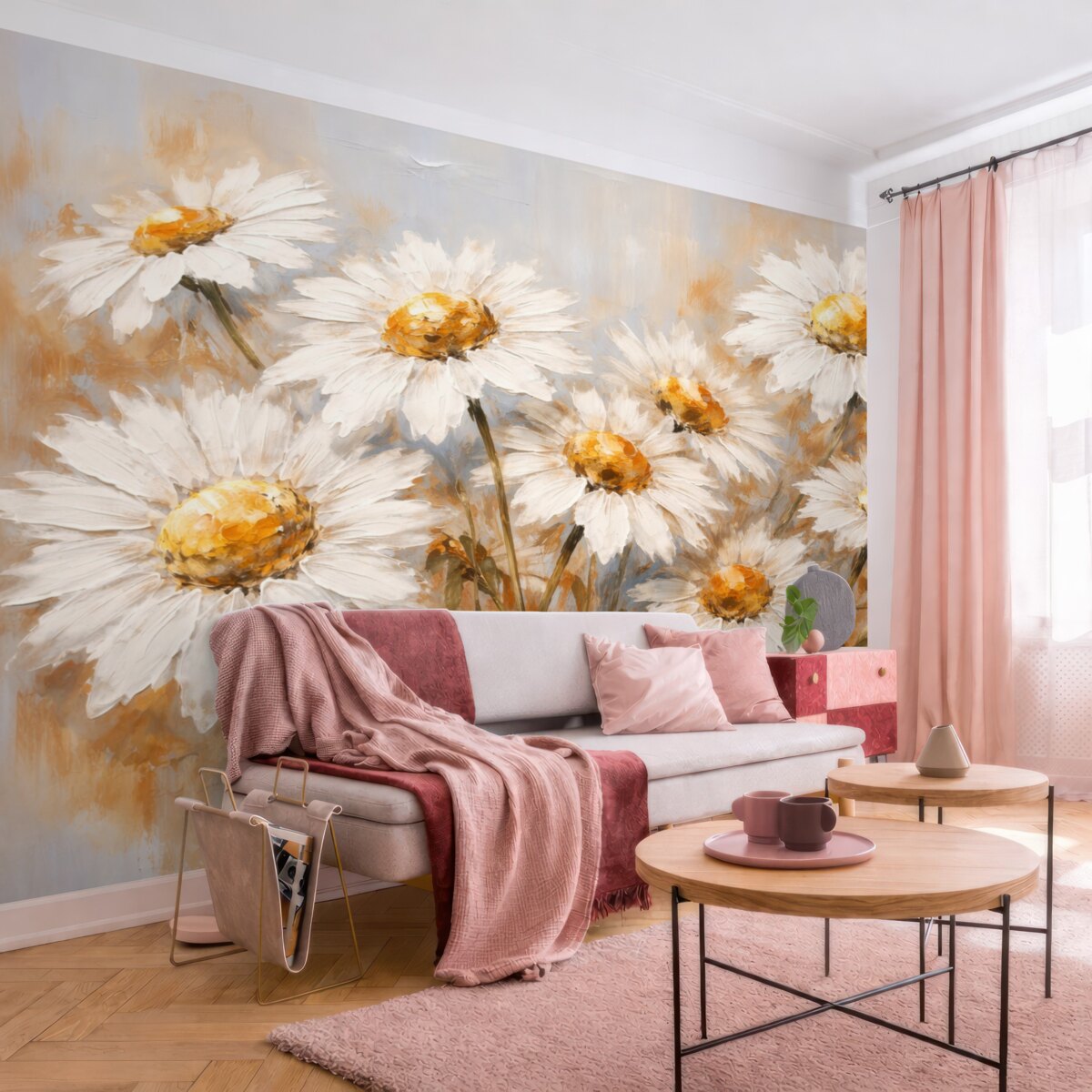 Fototapeta Obraz olejny z dużymi białymi margaretkami.