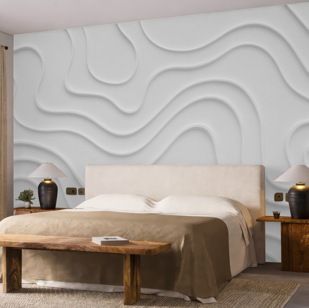 Fototapeta Gładkie abstrakcyjne kreski na mlecznym tle z symulacją objętości.