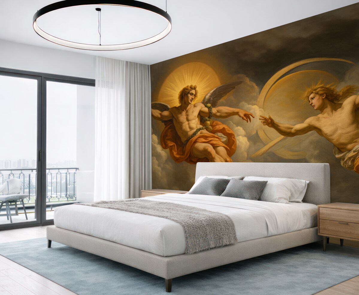 Fototapeta Mural w stylu renesansowych fresków w tonacjach beżu oraz ciemnych. Dwie męskie postacie bóstw sięgające do siebie dłońmi.