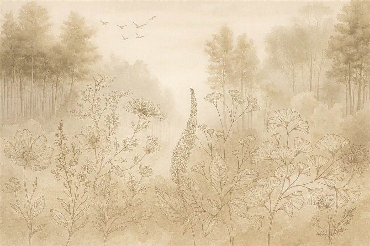 Fototapeta Krajobraz leśny z dzikimi roślinami, rysunkiem konturowym, realizmem, drzewami, przyrodą, zestawem kolorów beżowych.