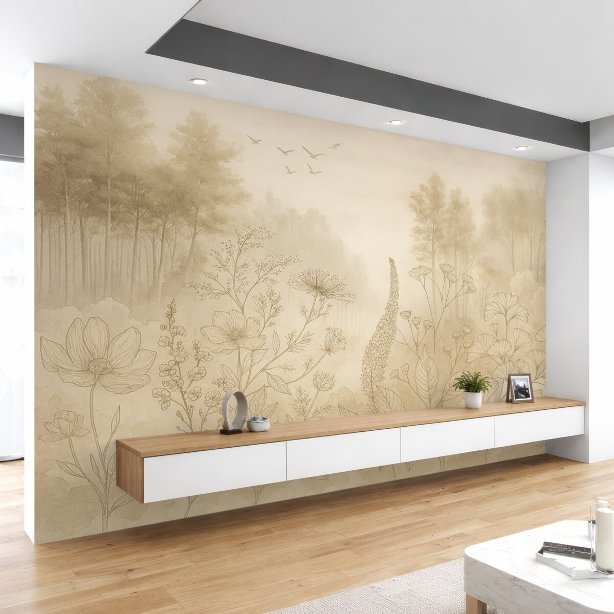 Fototapeta Krajobraz leśny z dzikimi roślinami, rysunkiem konturowym, realizmem, drzewami, przyrodą, zestawem kolorów beżowych.