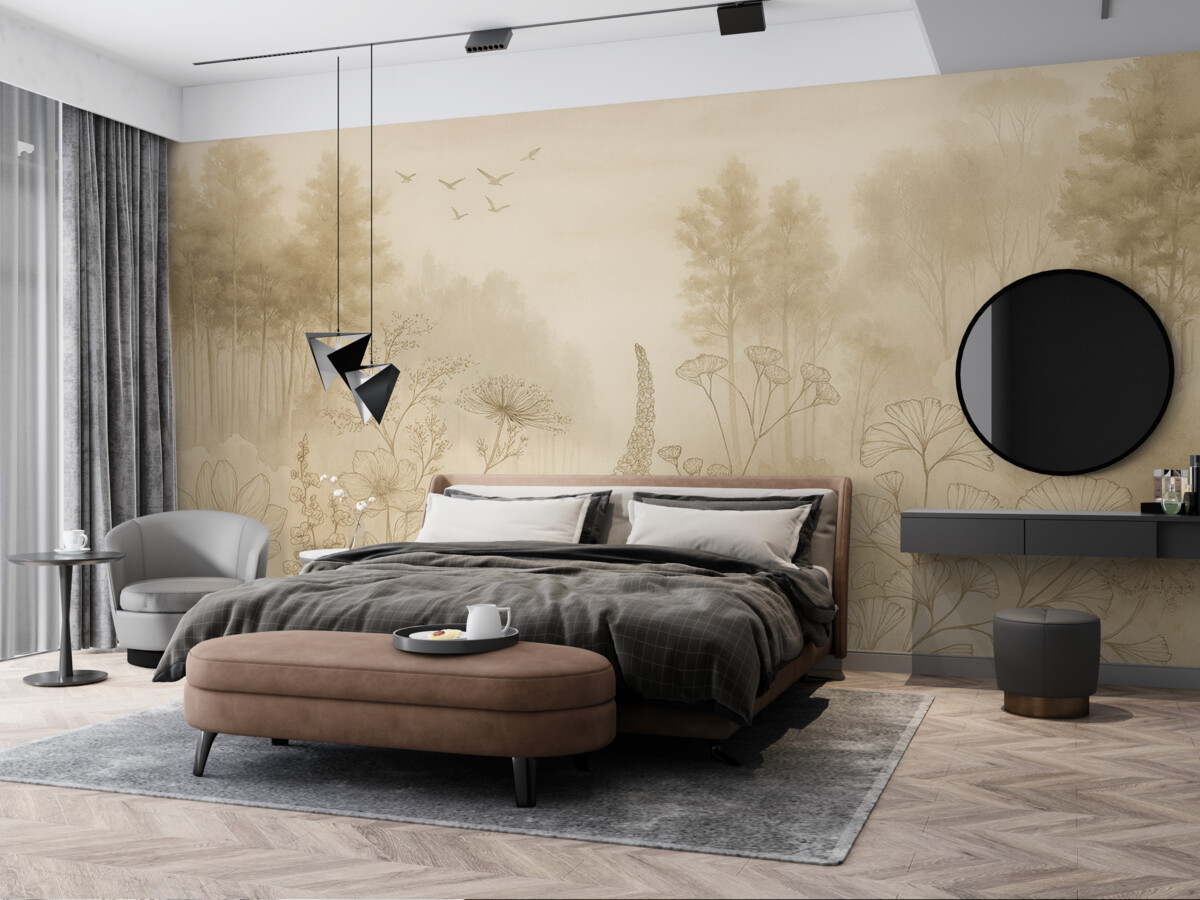 Fototapeta Krajobraz leśny z dzikimi roślinami, rysunkiem konturowym, realizmem, drzewami, przyrodą, zestawem kolorów beżowych.