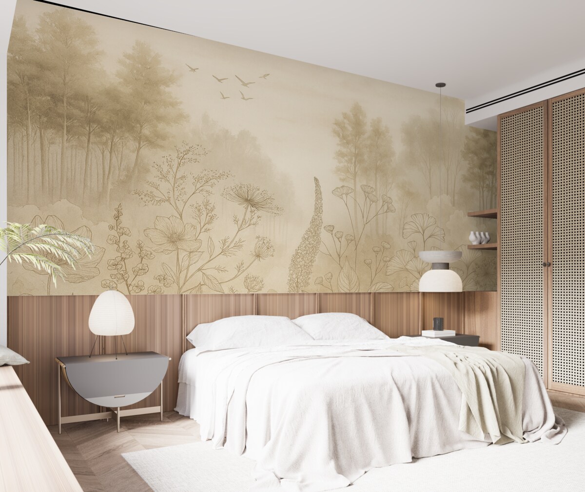 Fototapeta Krajobraz leśny z dzikimi roślinami, rysunkiem konturowym, realizmem, drzewami, przyrodą, zestawem kolorów beżowych.