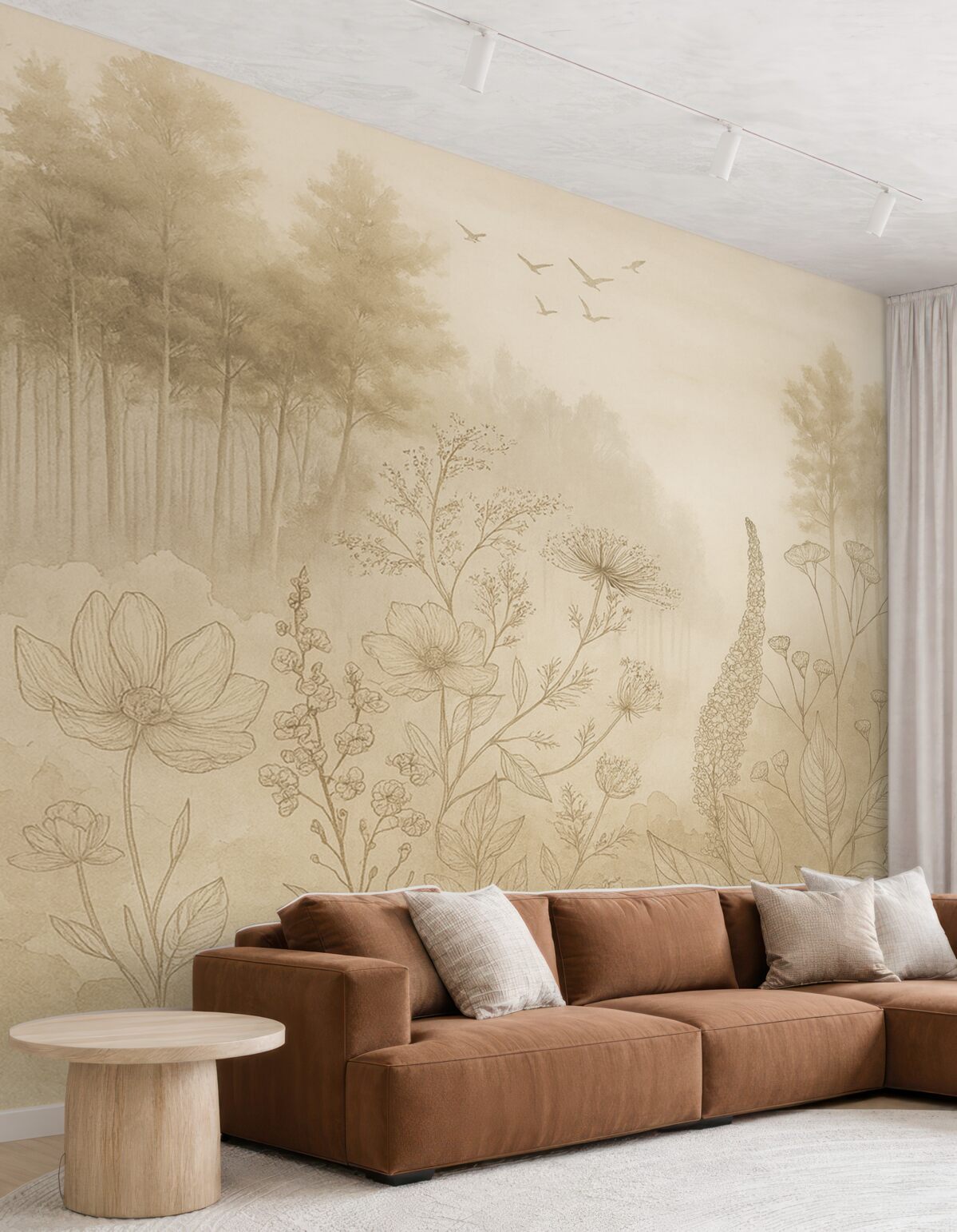 Fototapeta Krajobraz leśny z dzikimi roślinami, rysunkiem konturowym, realizmem, drzewami, przyrodą, zestawem kolorów beżowych.