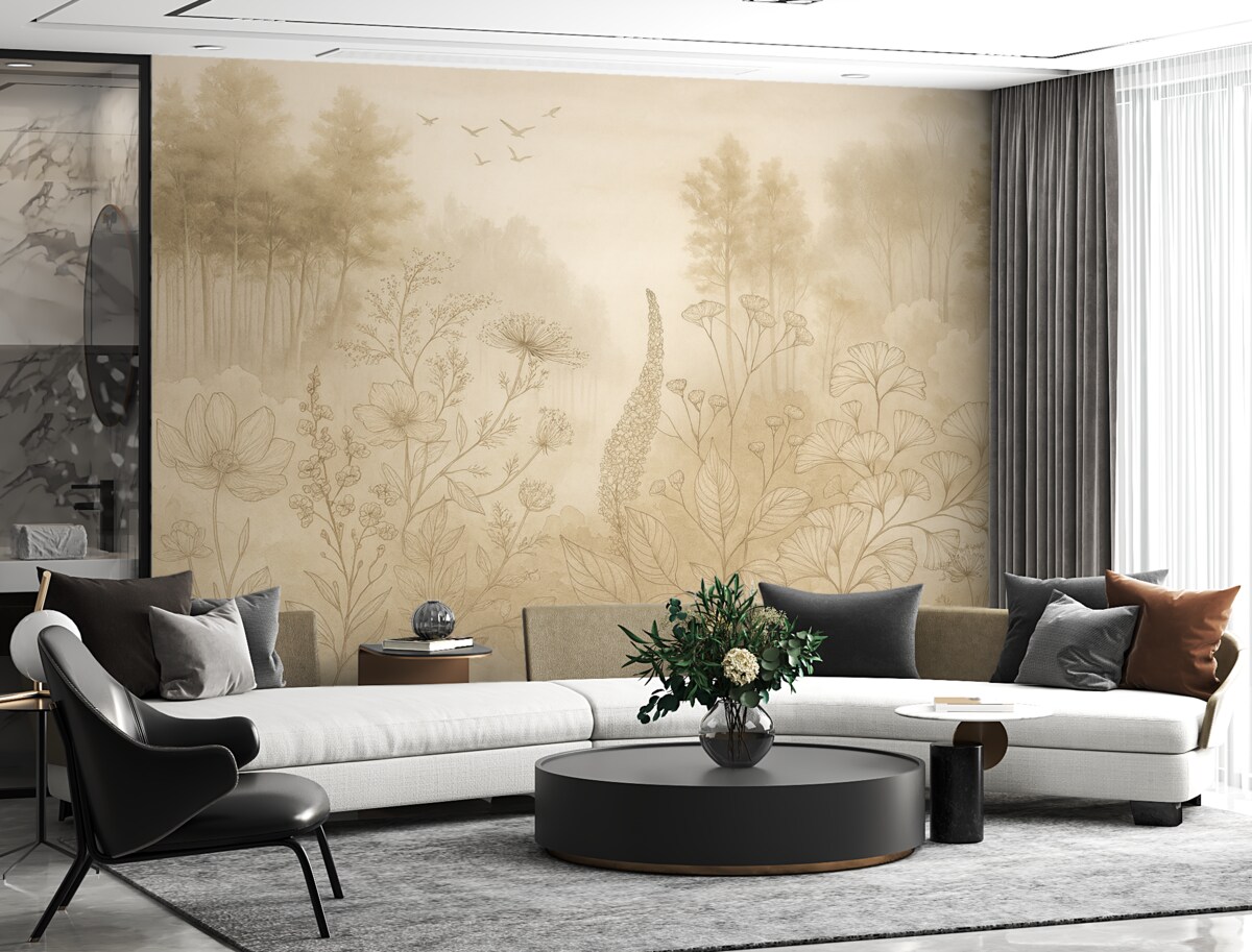 Fototapeta Krajobraz leśny z dzikimi roślinami, rysunkiem konturowym, realizmem, drzewami, przyrodą, zestawem kolorów beżowych.