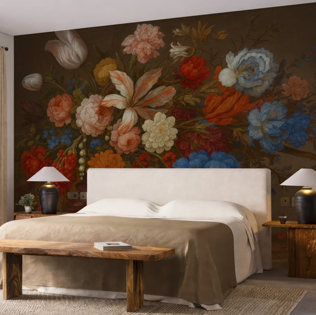 Fototapeta Witalny bukiet barwnych kwiatów, w tym róż, goździków oraz innych roślin na tle w stylu retro.