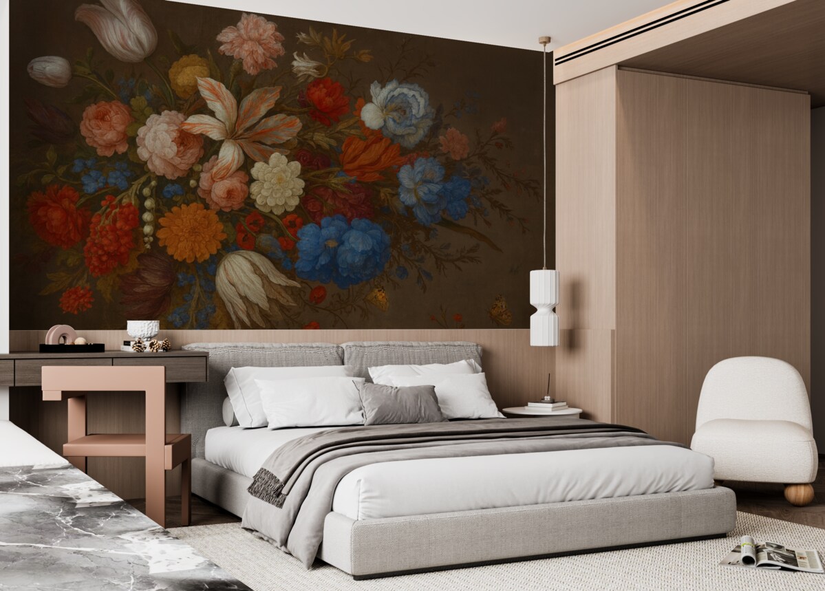 Fototapeta Witalny bukiet barwnych kwiatów, w tym róż, goździków oraz innych roślin na tle w stylu retro.