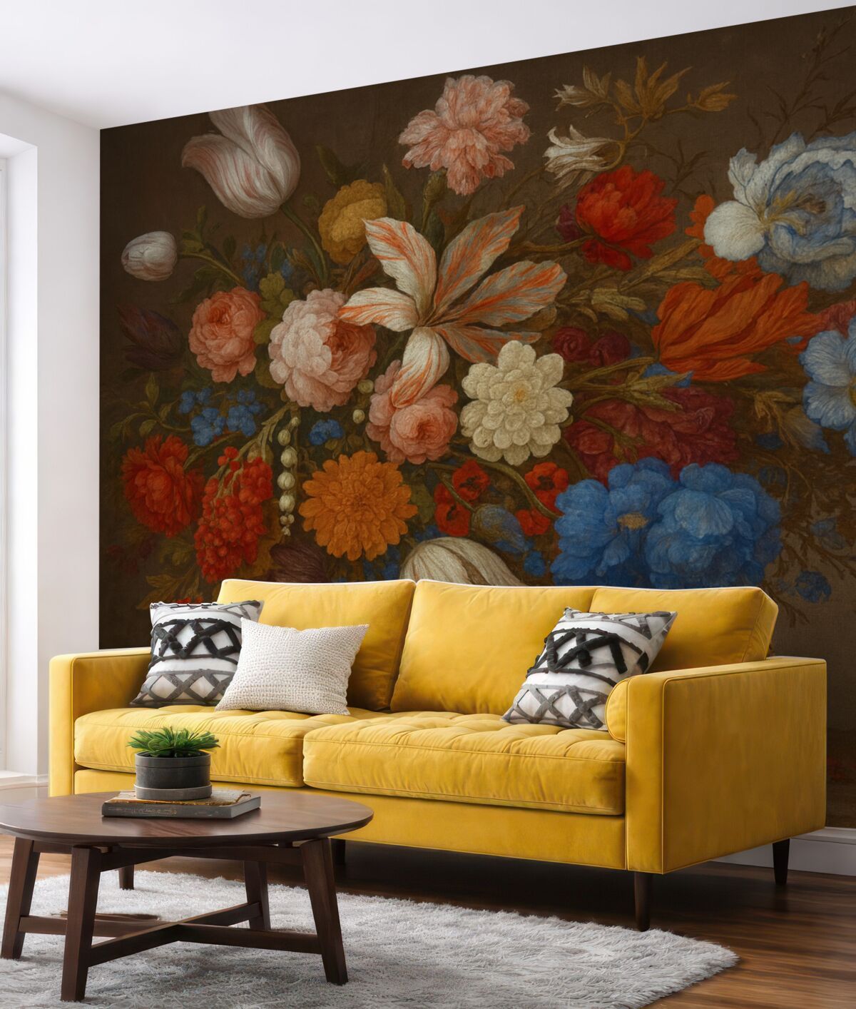 Fototapeta Witalny bukiet barwnych kwiatów, w tym róż, goździków oraz innych roślin na tle w stylu retro.