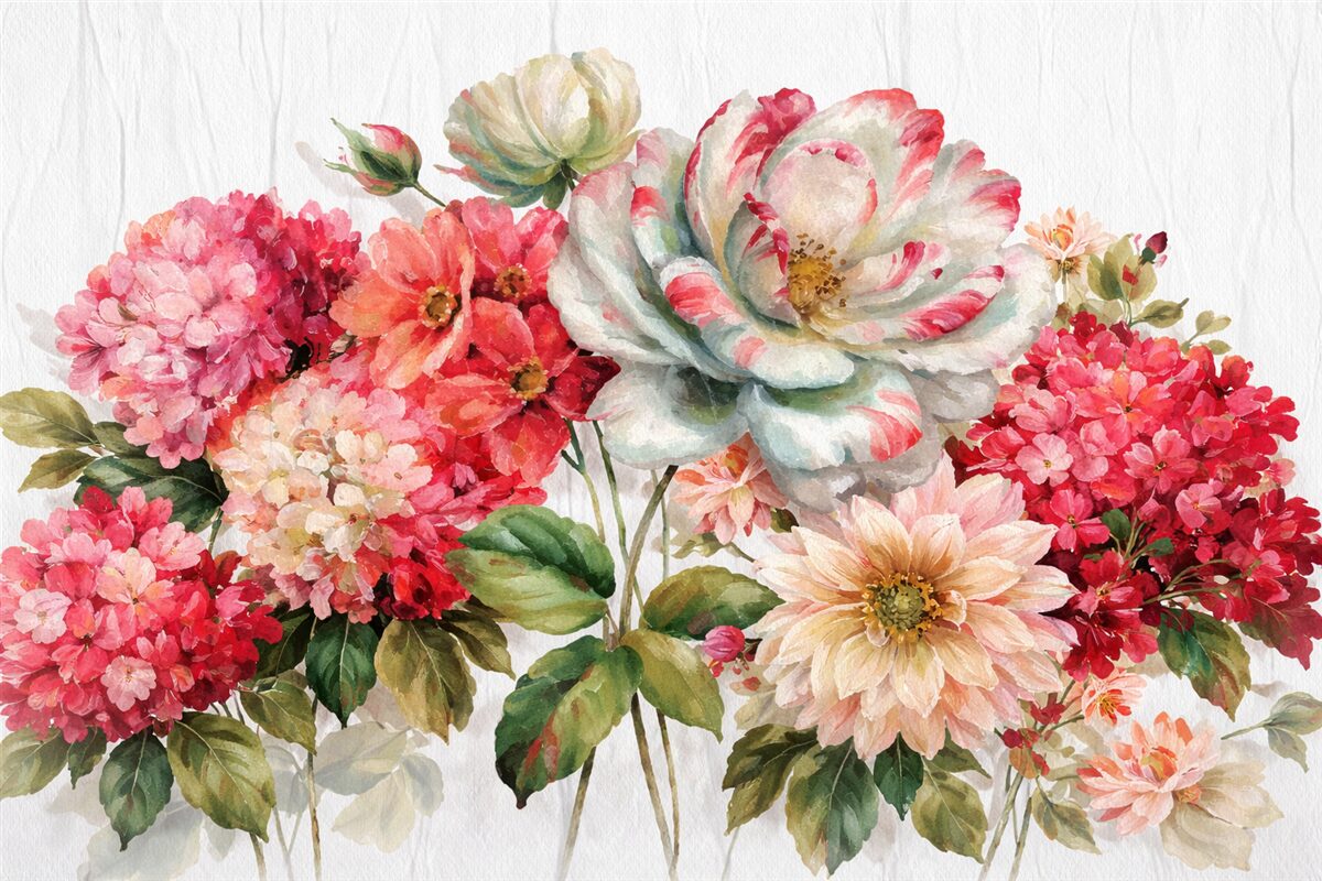 Fototapeta Wielkie różowe i białe piwonie, czerwone dalie oraz zielone liście na białym, fakturowanym tle.