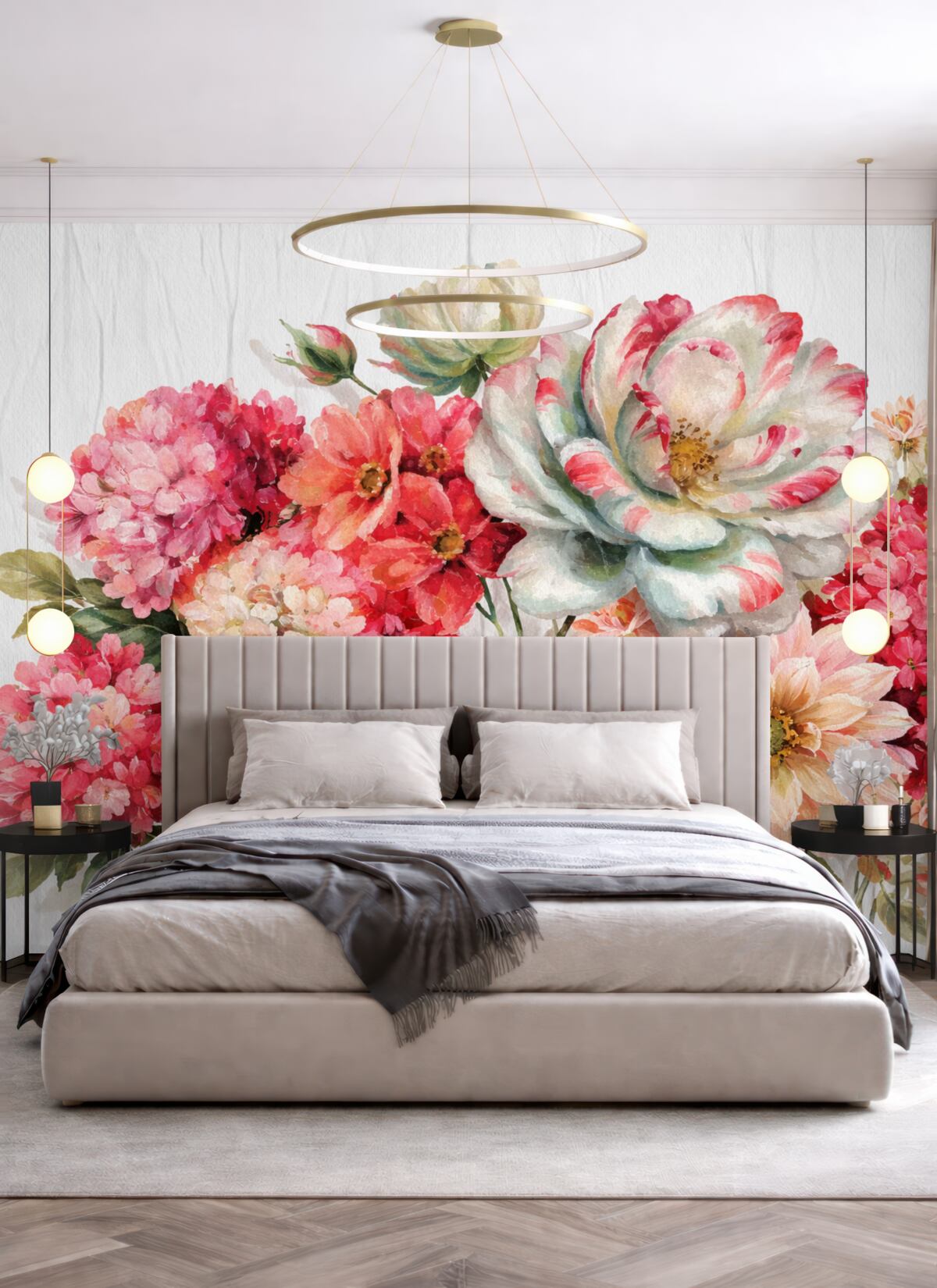 Fototapeta Wielkie różowe i białe piwonie, czerwone dalie oraz zielone liście na białym, fakturowanym tle.