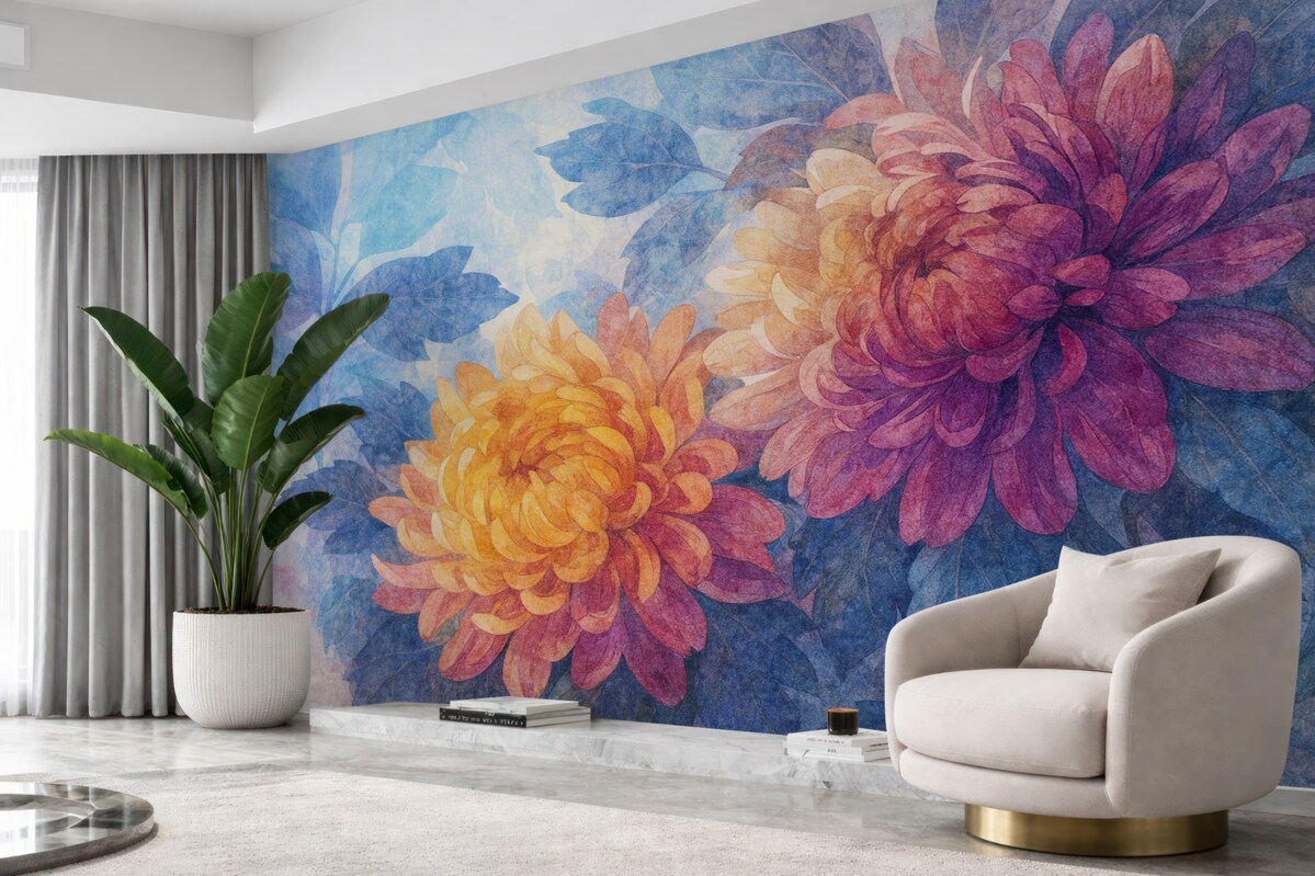 Fototapeta Wielkie, rozkwitające kwiaty dalii w kolorach pomarańczowym, żółtym i różowym na subtelnym, rozmytym błękitnym tle.