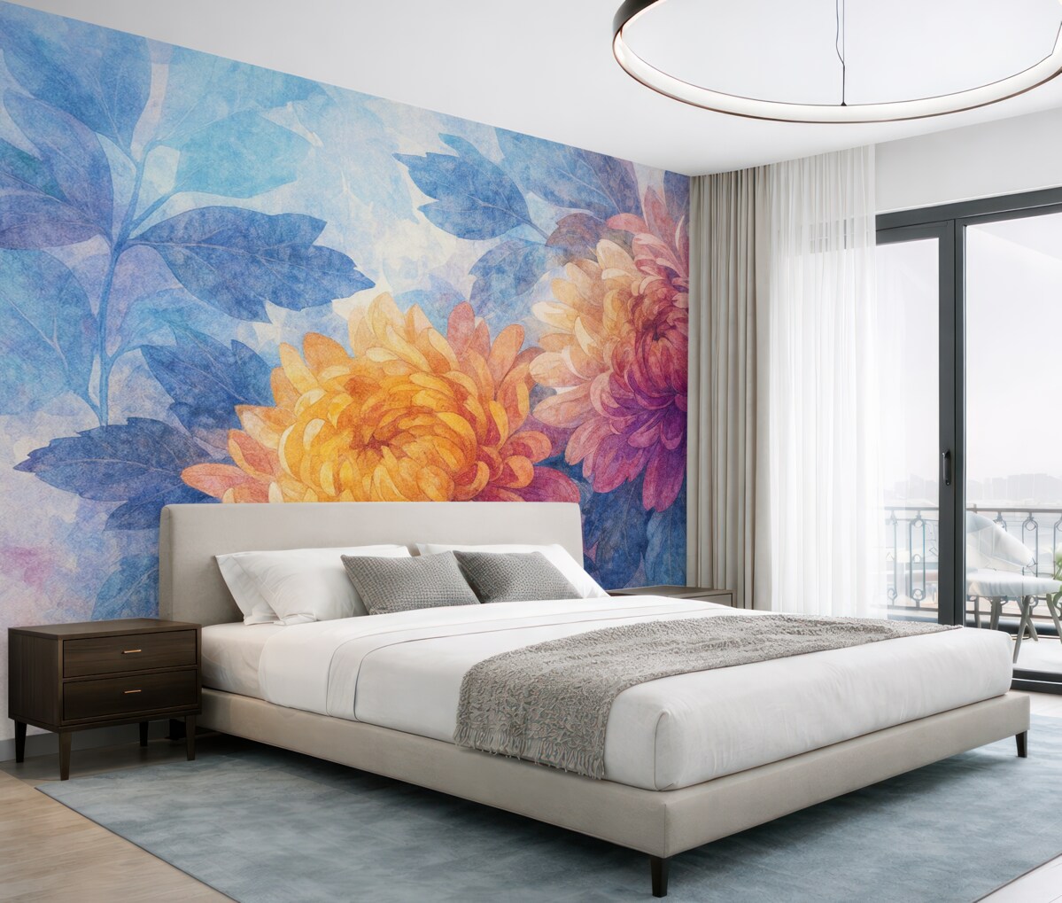 Fototapeta Wielkie, rozkwitające kwiaty dalii w kolorach pomarańczowym, żółtym i różowym na subtelnym, rozmytym błękitnym tle.