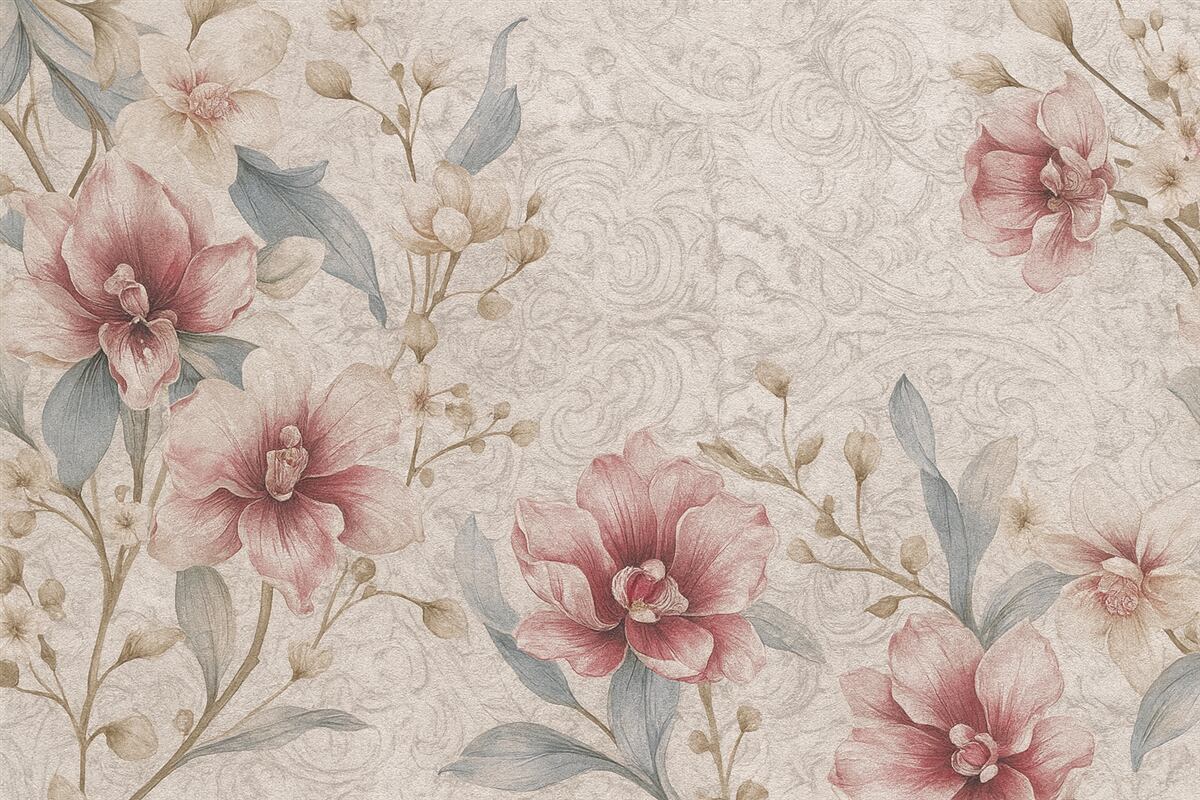 Fototapeta Wzór florystyczny w stylu retro z subtelnymi różowymi oraz białymi kwiatami, liśćmi na jasnobeżowym tle.